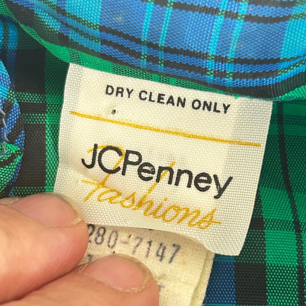 Vintage JCPenney Fashions Plaid Blouse Green Blue Ruffle Neck ILGWU USA 13/14 - Picture 6 of 9